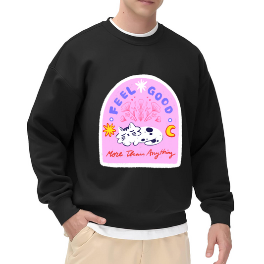 Feel Good More Than Anything Crewneck Sweatshirt - Cute Cow Arch Frame Graphic, Retro Pastel Pullover, Positive Vibes Top