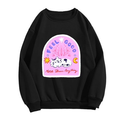 Feel Good More Than Anything Crewneck Sweatshirt - Cute Cow Arch Frame Graphic, Retro Pastel Pullover, Positive Vibes Top