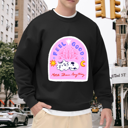 Feel Good More Than Anything Crewneck Sweatshirt - Cute Cow Arch Frame Graphic, Retro Pastel Pullover, Positive Vibes Top