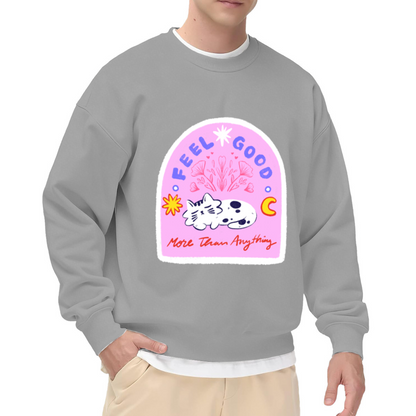 Feel Good More Than Anything Crewneck Sweatshirt - Cute Cow Arch Frame Graphic, Retro Pastel Pullover, Positive Vibes Top