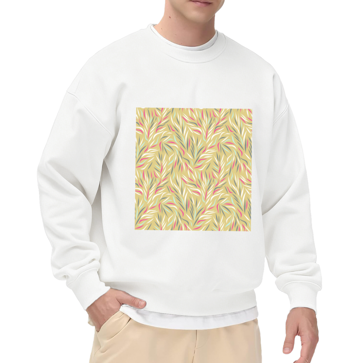 Trendy Abstract Botanical Leaves Crewneck Sweatshirt with Soft Pastel Hand-Drawn Floral Print