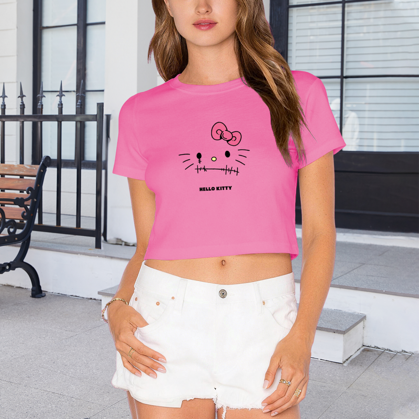 Spooky Stitch?Style Hello Kitty Pink Cropped Tee