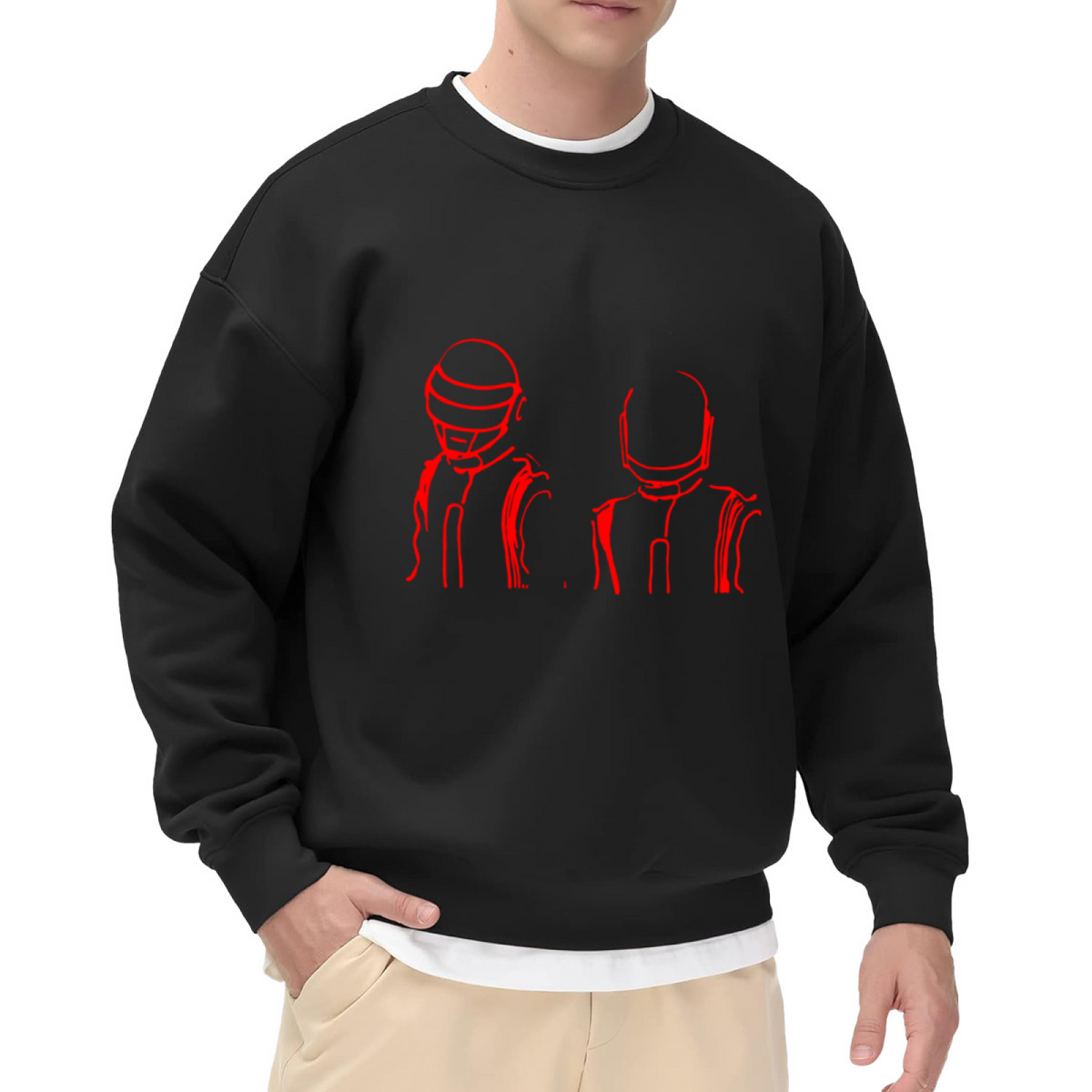 Daft Punk Helmets Line Art Crewneck Sweatshirt | Minimalist Red Music Graphic Pullover, Retro Electronic Duo Streetwear Top, EDM Gift