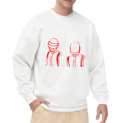 Daft Punk Helmets Line Art Crewneck Sweatshirt | Minimalist Red Music Graphic Pullover, Retro Electronic Duo Streetwear Top, EDM Gift