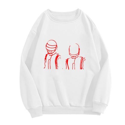 Daft Punk Helmets Line Art Crewneck Sweatshirt | Minimalist Red Music Graphic Pullover, Retro Electronic Duo Streetwear Top, EDM Gift