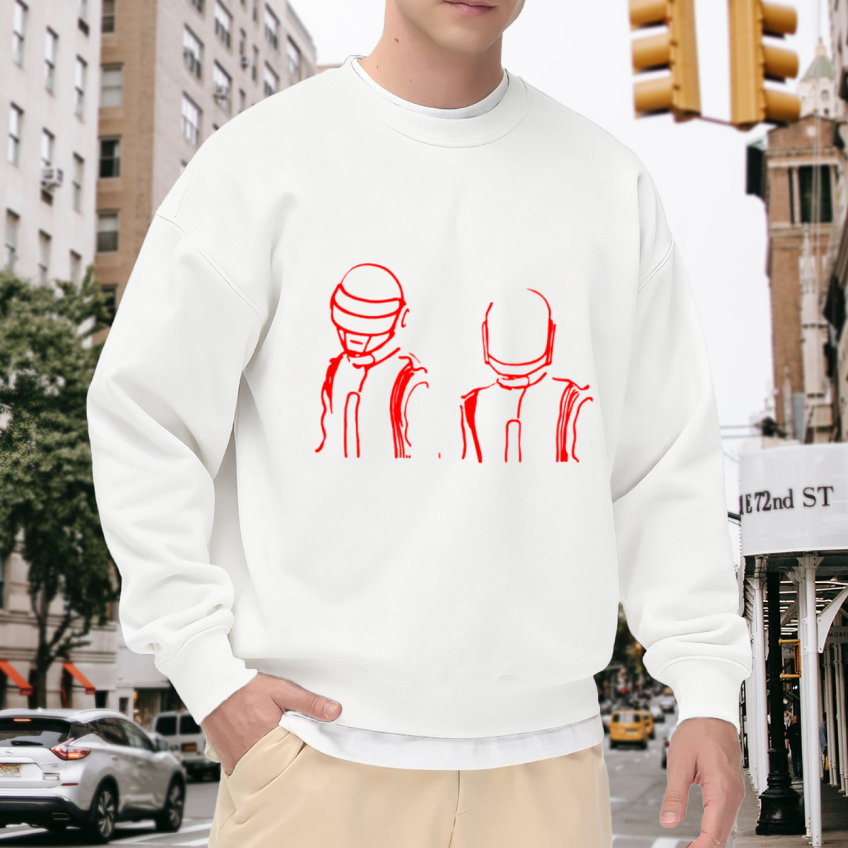 Daft Punk Helmets Line Art Crewneck Sweatshirt | Minimalist Red Music Graphic Pullover, Retro Electronic Duo Streetwear Top, EDM Gift