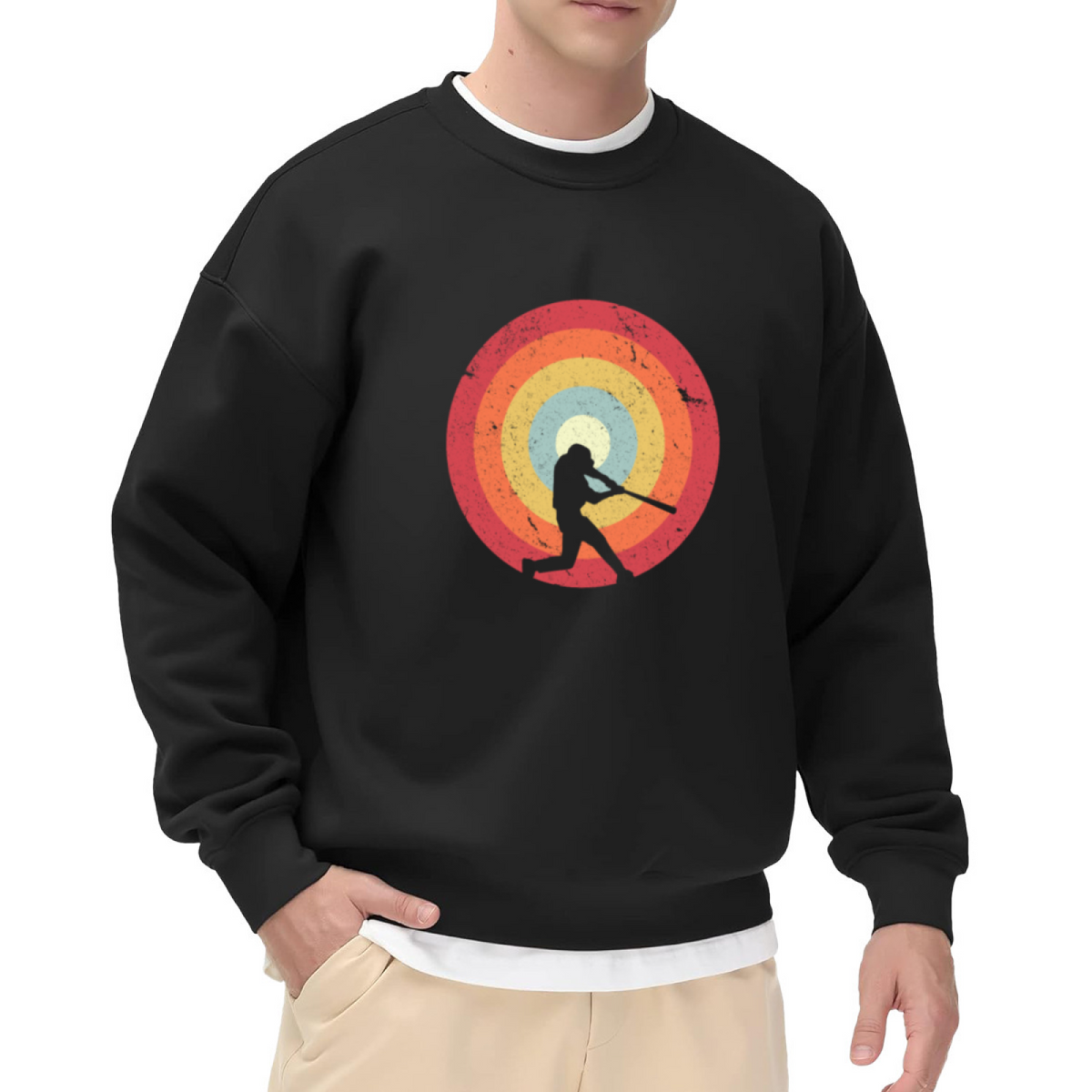 Baseball Batter Retro Sunburst Silhouette Crewneck Sweatshirt | Vintage 70s Sport Graphic Pullover, Baseball Lover Gift