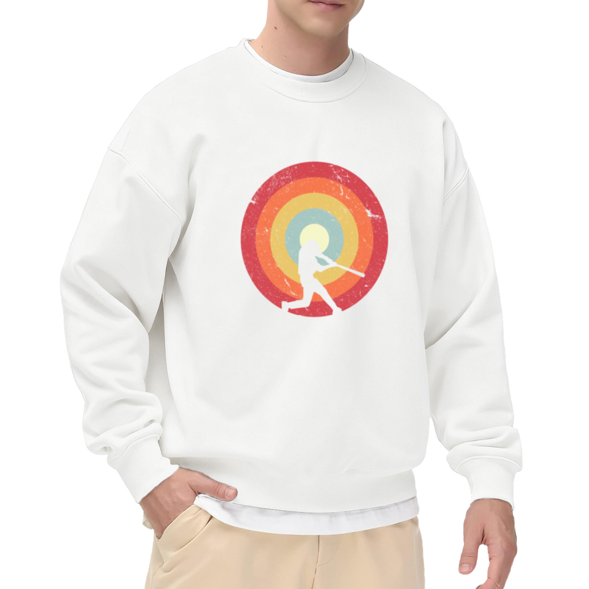 Baseball Batter Retro Sunburst Silhouette Crewneck Sweatshirt | Vintage 70s Sport Graphic Pullover, Baseball Lover Gift