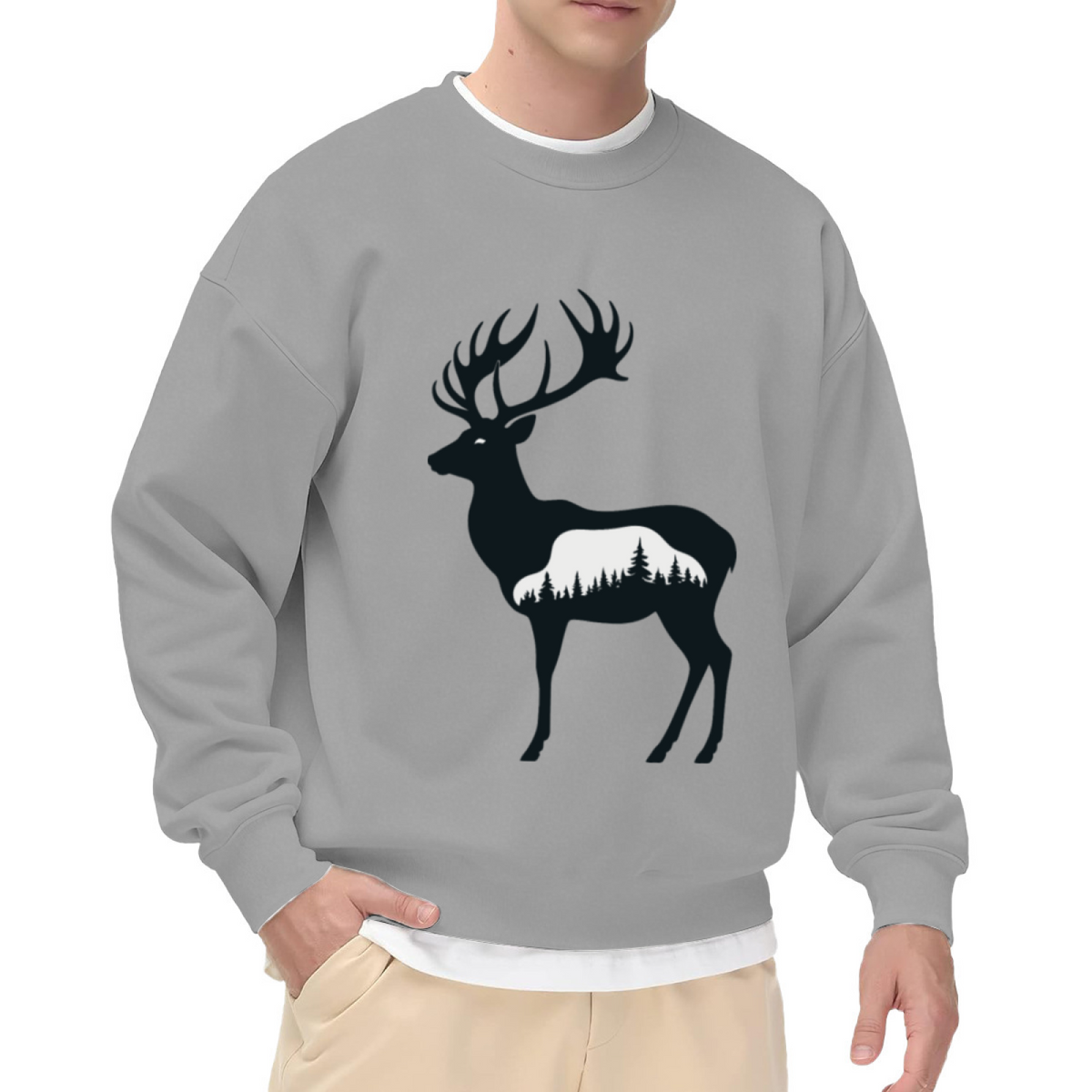 Stag Deer Forest Negative Space Crewneck Sweatshirt | Minimalist Wilderness Silhouette Pullover, Nature Lover Gift