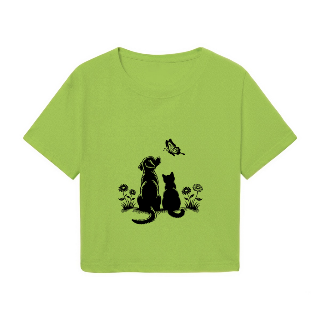 Dog Cat & Butterfly Silhouette Lime Green Crop Top ¨C Pet Lover Casual Tee