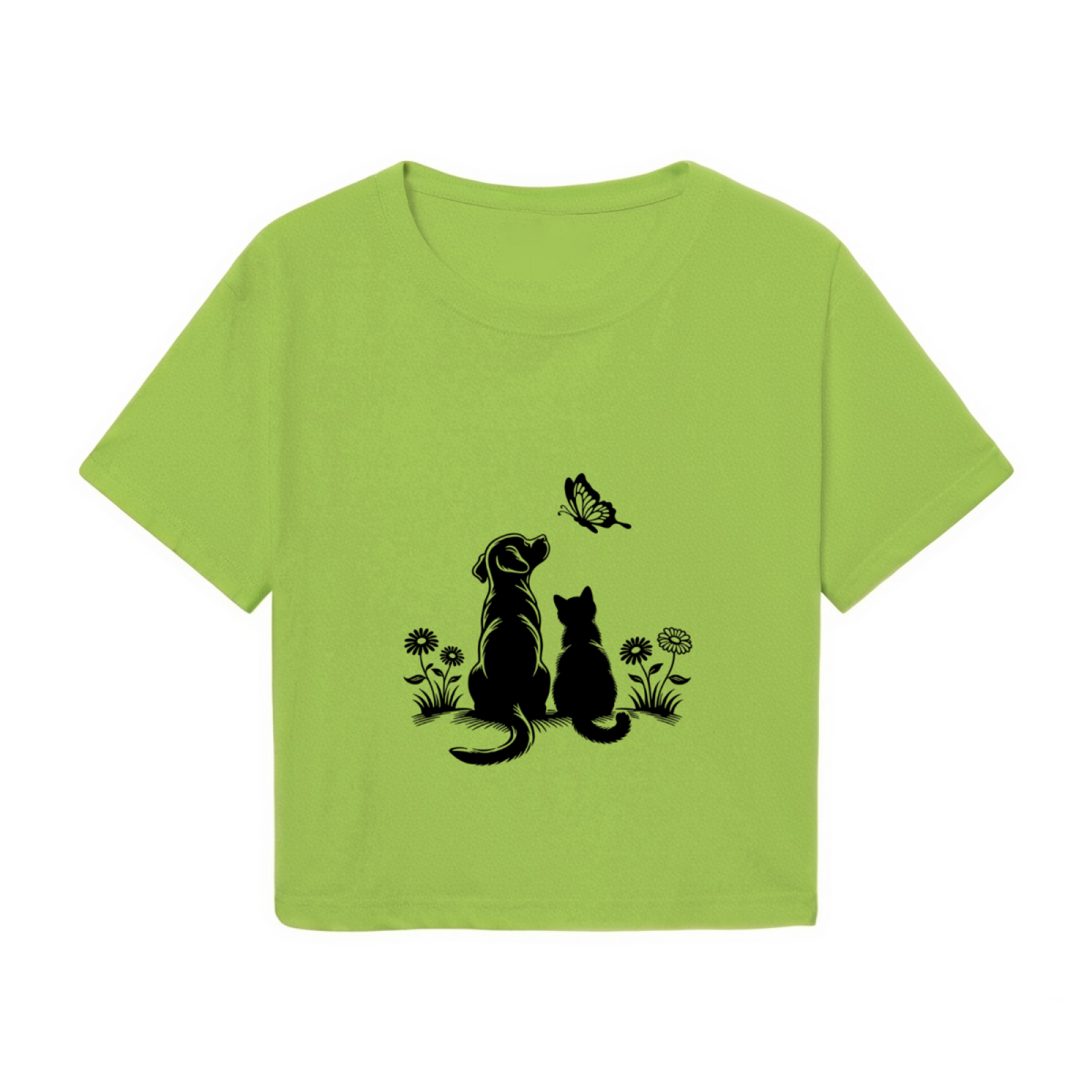 Dog Cat & Butterfly Silhouette Lime Green Crop Top ¨C Pet Lover Casual Tee