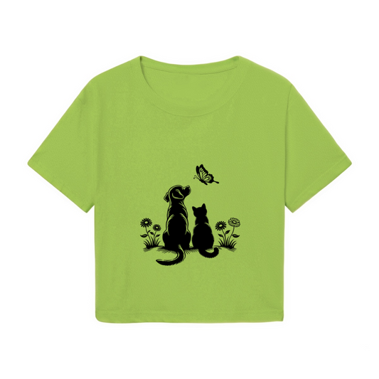 Dog Cat & Butterfly Silhouette Lime Green Crop Top ¨C Pet Lover Casual Tee
