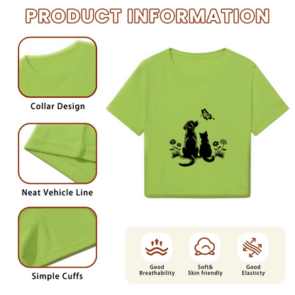 Dog Cat & Butterfly Silhouette Lime Green Crop Top ¨C Pet Lover Casual Tee