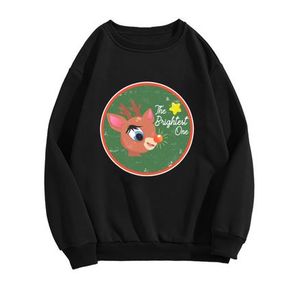 The Brightest One Glowing Nose Reindeer Christmas Crewneck Sweatshirt | Vintage Festive Holiday Graphic Pullover, Xmas Gift