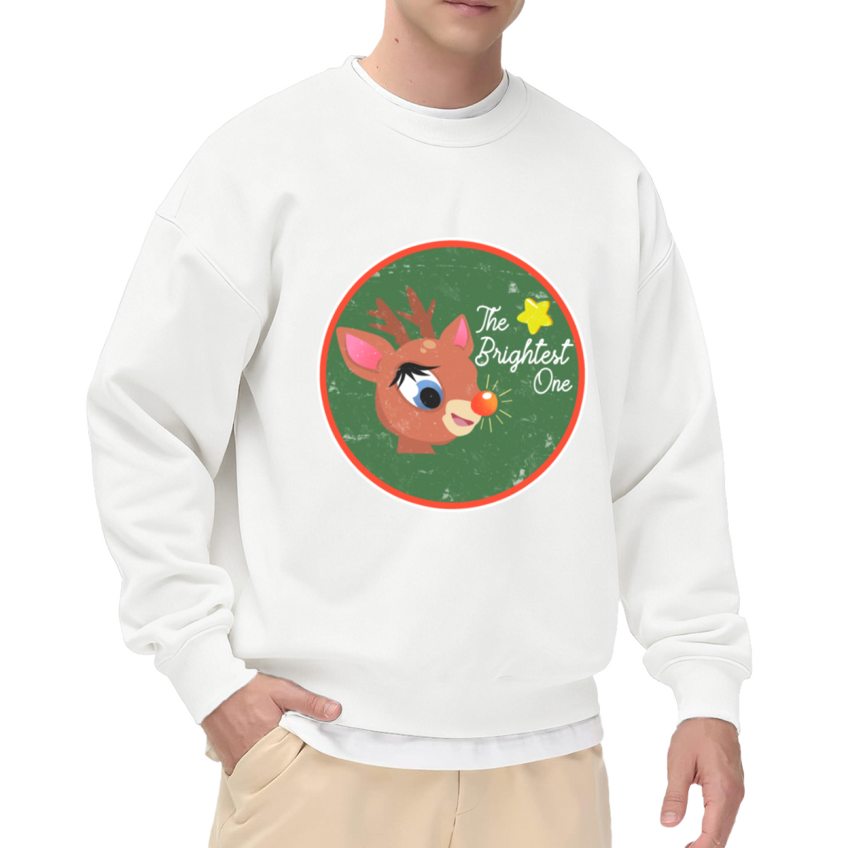 The Brightest One Glowing Nose Reindeer Christmas Crewneck Sweatshirt | Vintage Festive Holiday Graphic Pullover, Xmas Gift