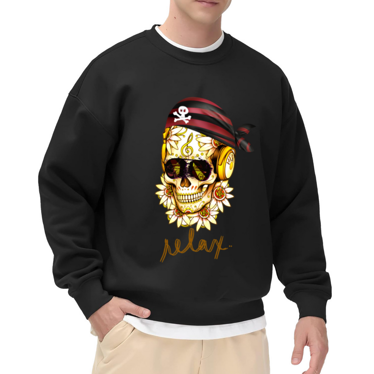 VIP Sugar Skull Headphones Crewneck Sweatshirt | Edgy Pirate Bandana Graphic Pullover, Decorated Skull Streetwear Top, Halloween Gift