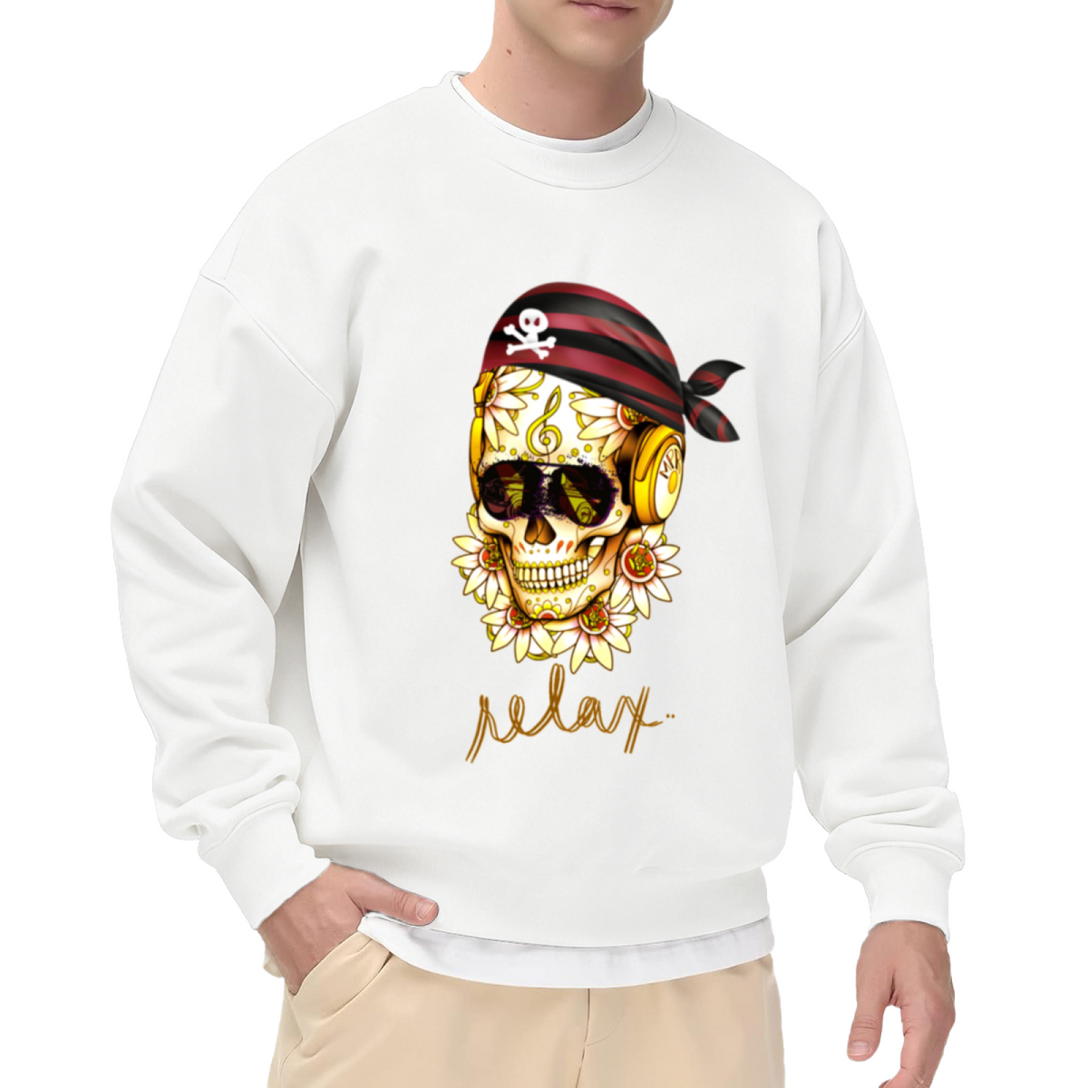 VIP Sugar Skull Headphones Crewneck Sweatshirt | Edgy Pirate Bandana Graphic Pullover, Decorated Skull Streetwear Top, Halloween Gift