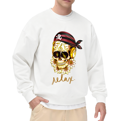 VIP Sugar Skull Headphones Crewneck Sweatshirt | Edgy Pirate Bandana Graphic Pullover, Decorated Skull Streetwear Top, Halloween Gift