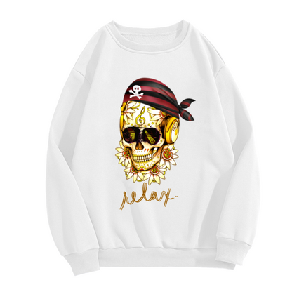 VIP Sugar Skull Headphones Crewneck Sweatshirt | Edgy Pirate Bandana Graphic Pullover, Decorated Skull Streetwear Top, Halloween Gift