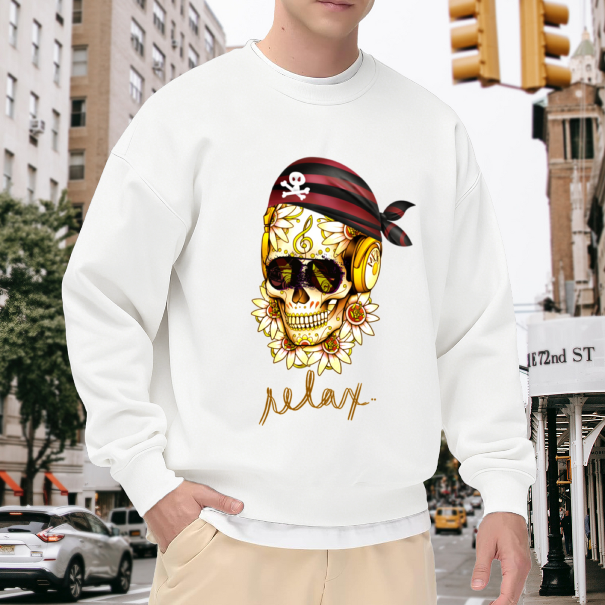 VIP Sugar Skull Headphones Crewneck Sweatshirt | Edgy Pirate Bandana Graphic Pullover, Decorated Skull Streetwear Top, Halloween Gift