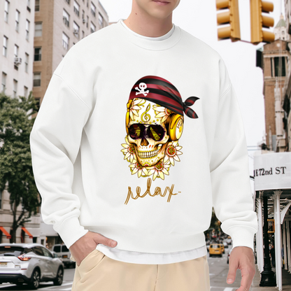 VIP Sugar Skull Headphones Crewneck Sweatshirt | Edgy Pirate Bandana Graphic Pullover, Decorated Skull Streetwear Top, Halloween Gift