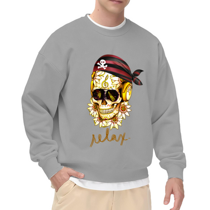 VIP Sugar Skull Headphones Crewneck Sweatshirt | Edgy Pirate Bandana Graphic Pullover, Decorated Skull Streetwear Top, Halloween Gift