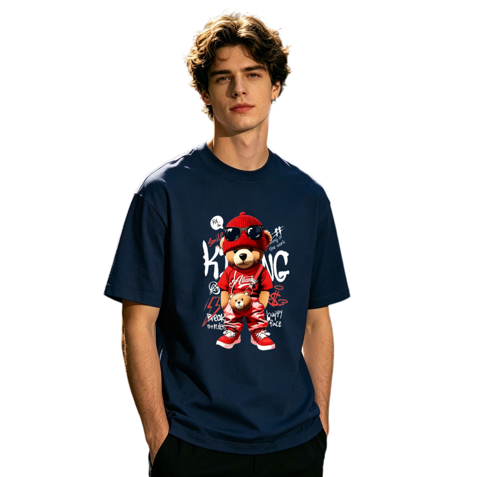 Men's Red Hip Hop King Teddy Bear Streetwear Graffiti Graphic Tee