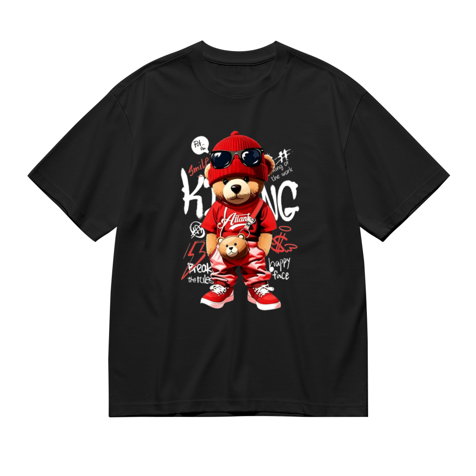 Men's Red Hip Hop King Teddy Bear Streetwear Graffiti Graphic Tee
