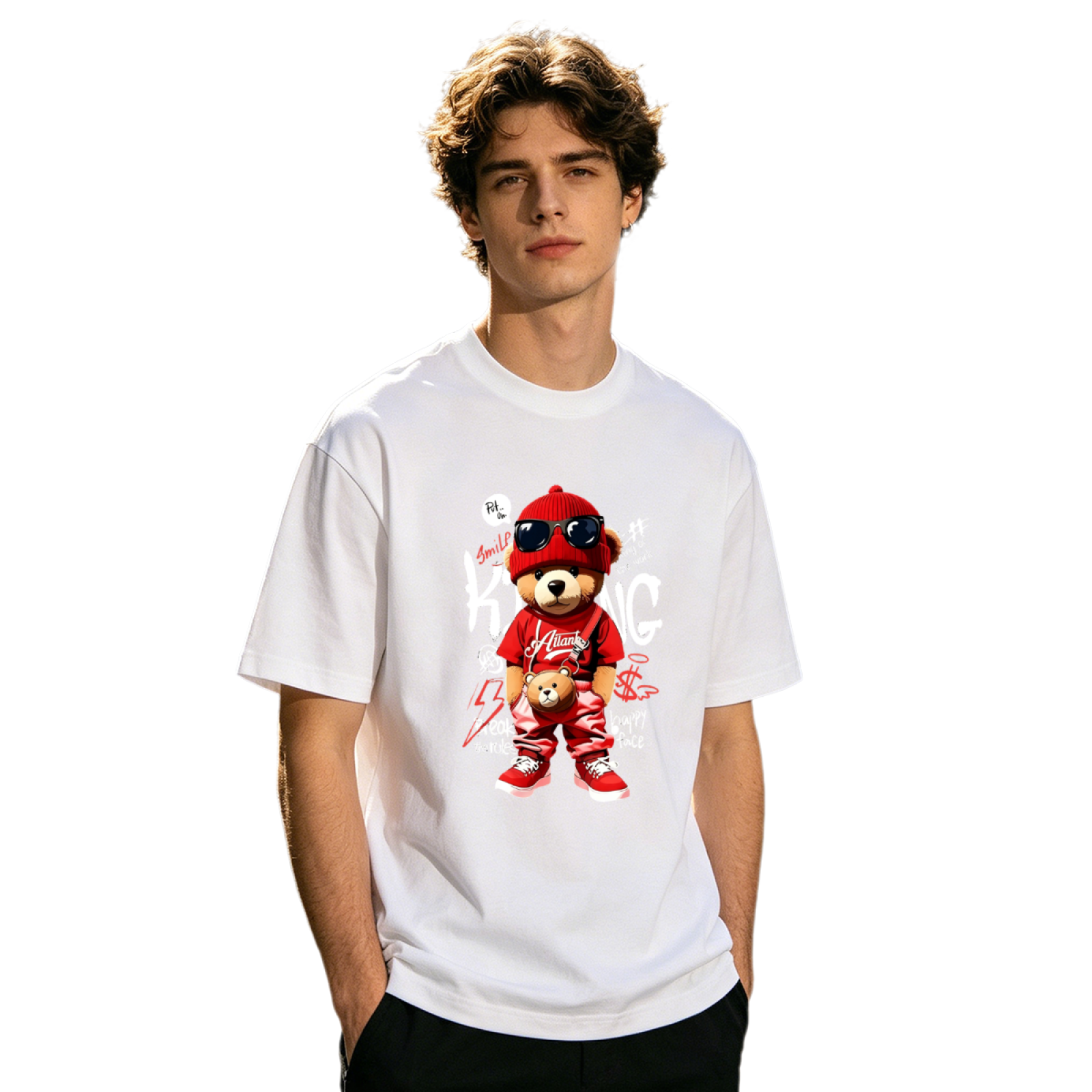 Men's Red Hip Hop King Teddy Bear Streetwear Graffiti Graphic Tee