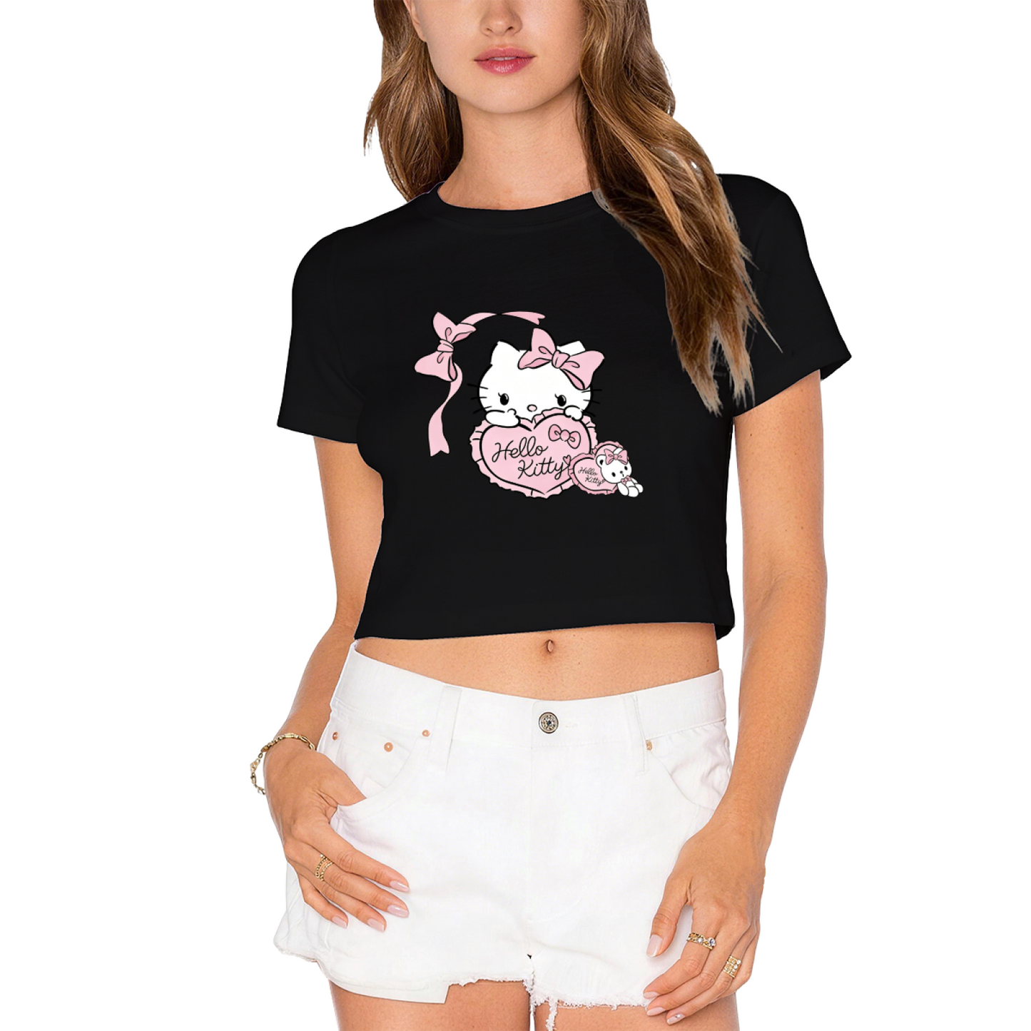 Sweet Bow Heart Hello Kitty White Cropped Tee