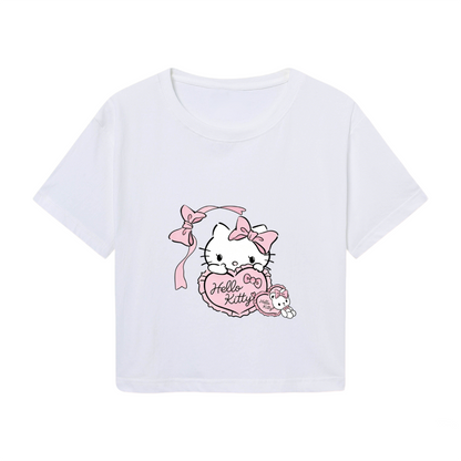 Sweet Bow Heart Hello Kitty White Cropped Tee