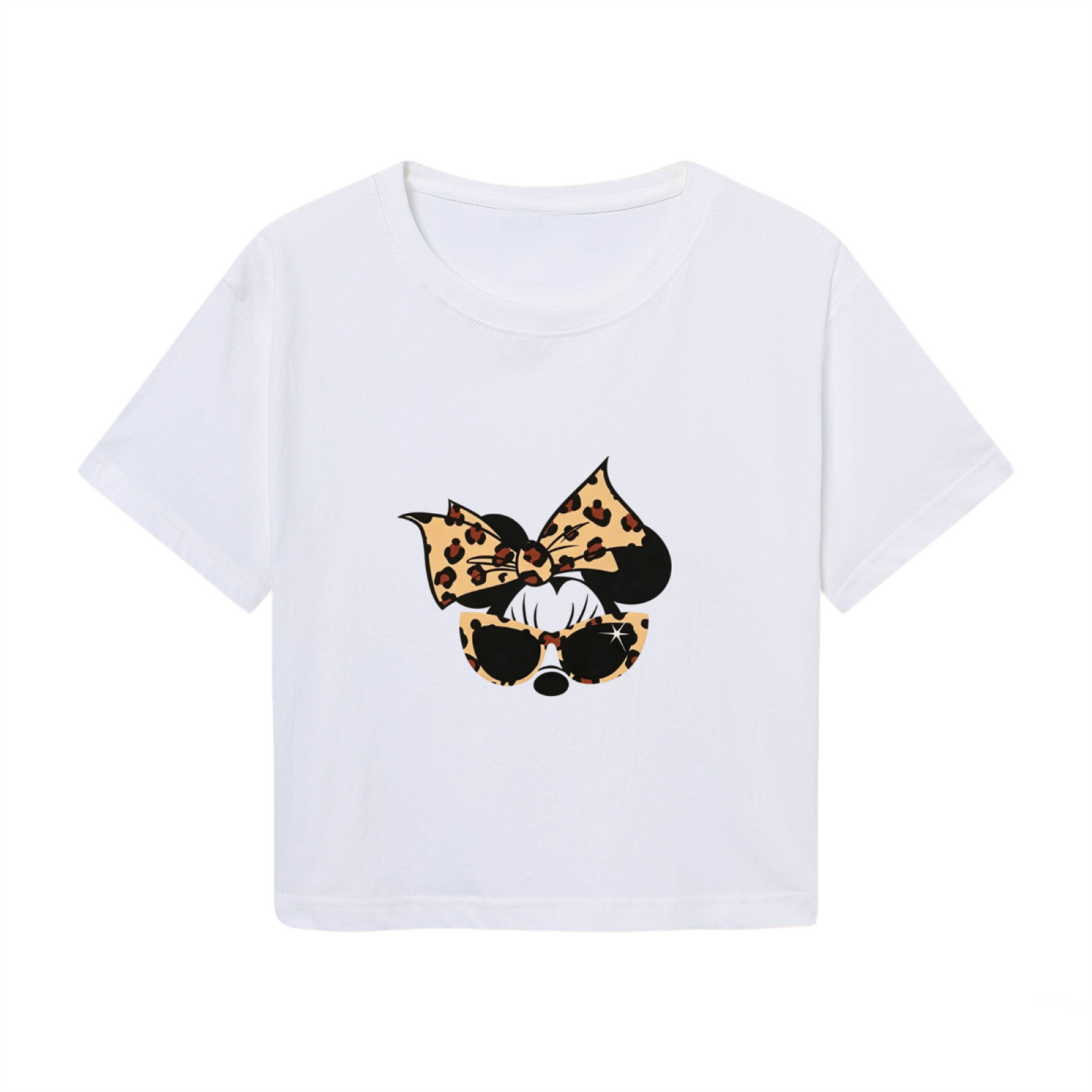 Leopard Print Bow Minnie Mouse Retro Sunglasses Cropped Top Y2K Crop Tee