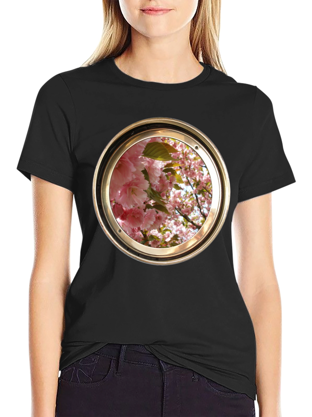 Floral Porthole Graphic Tee - Unique Design