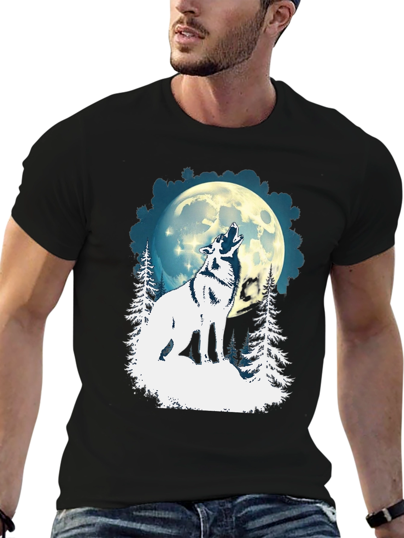 Wolf Howling Moon Graphic Tee - Black