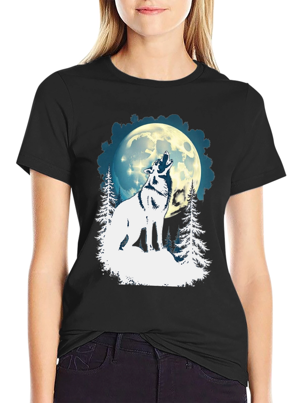 Wolf Howling Moon Graphic Tee - Black