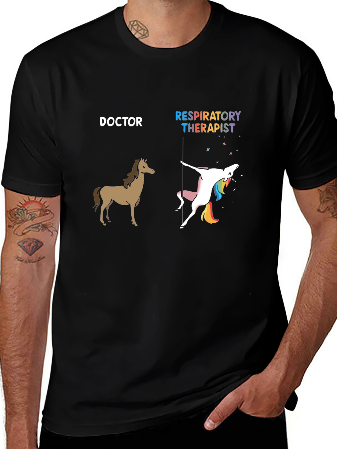 Doctor Horse vs. Respiratory Therapist Unicorn Graphic Tee