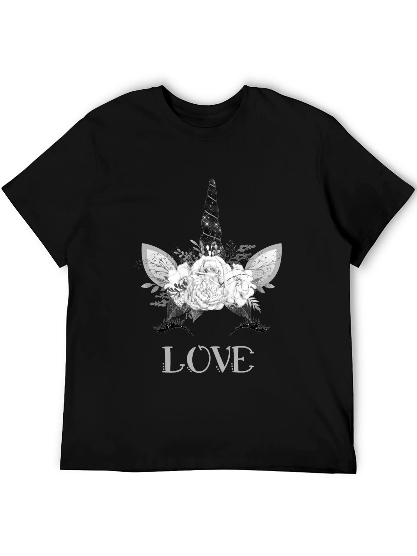 Floral Unicorn LOVE T-Shirt - Black