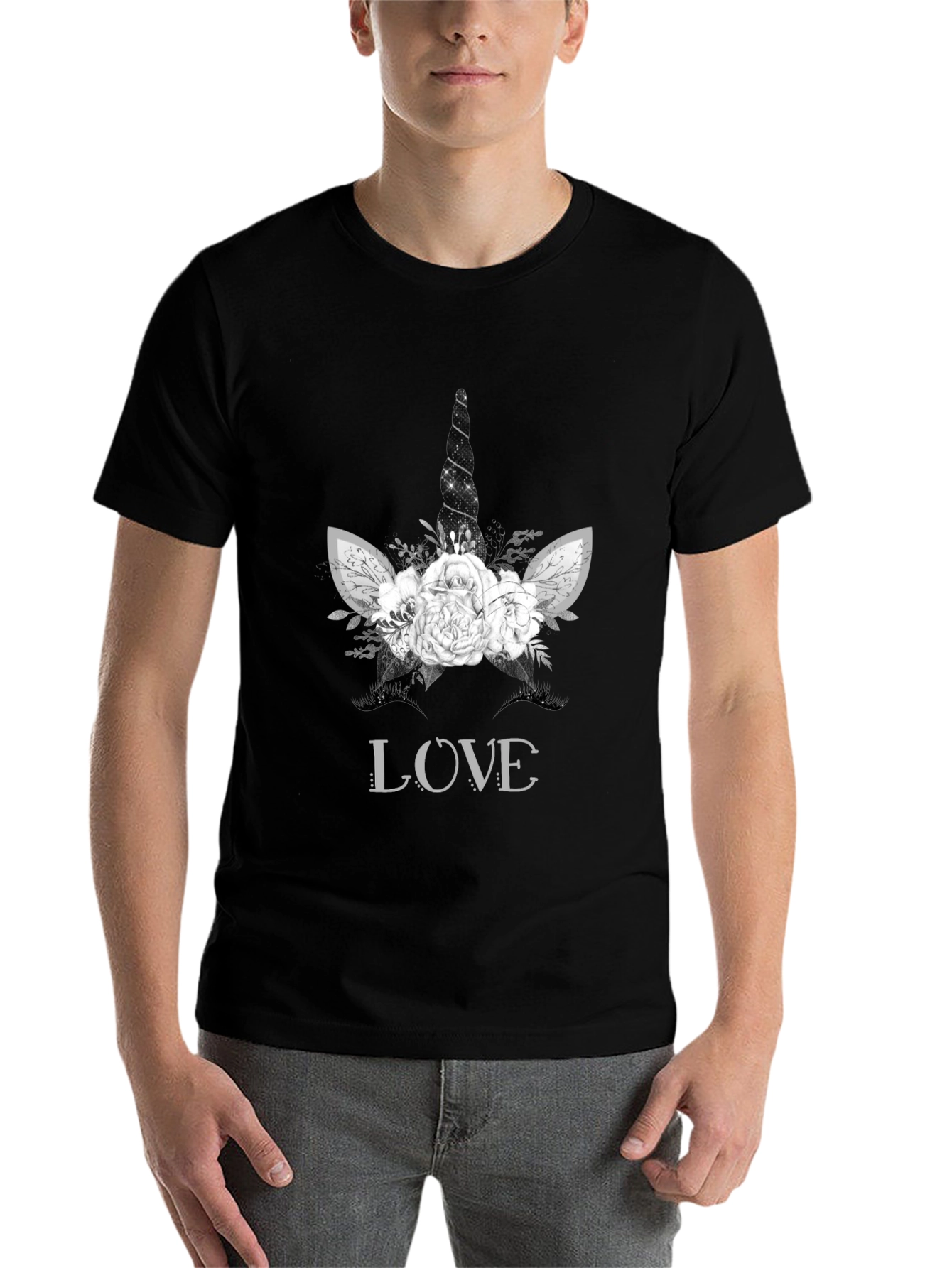 Floral Unicorn LOVE T-Shirt - Black