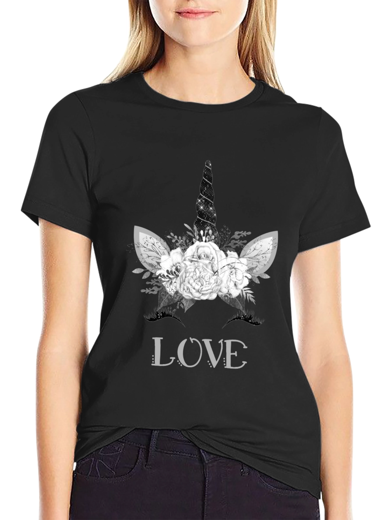 Floral Unicorn LOVE T-Shirt - Black