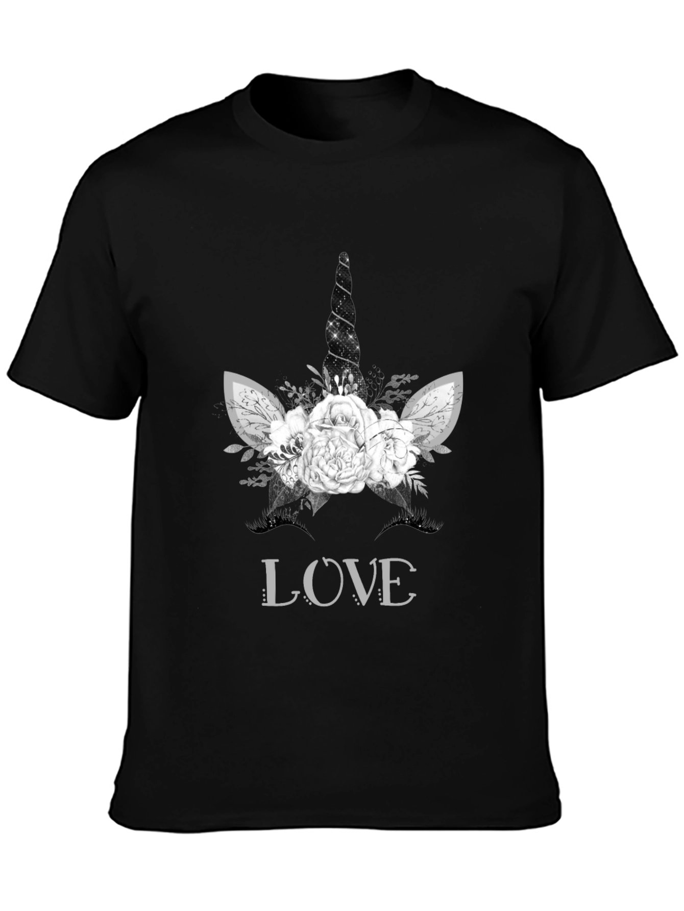 Floral Unicorn LOVE T-Shirt - Black