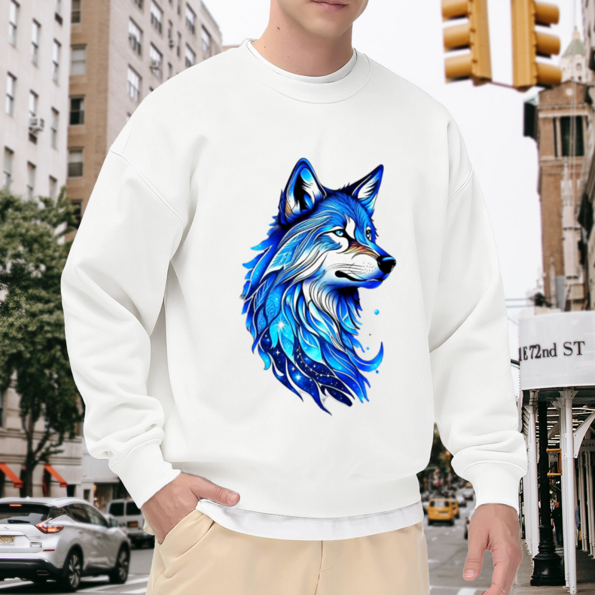 Galaxy Wolf Crewneck Sweatshirt - Cosmic Wolf Head Graphic Pullover, Howling At The Moon, Mystical Space Animal Streetwear
