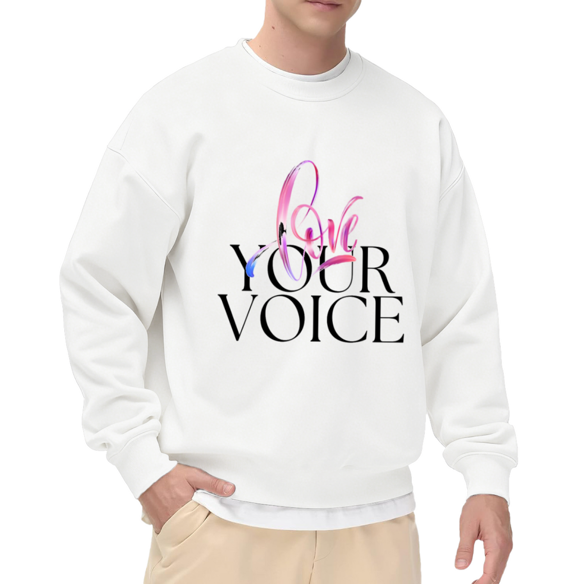 Love Your Voice Gradient Script Crewneck Sweatshirt | Colorful Brush Script Inspirational Pullover, Soft Artistic Graphic Top, Empowering Gift