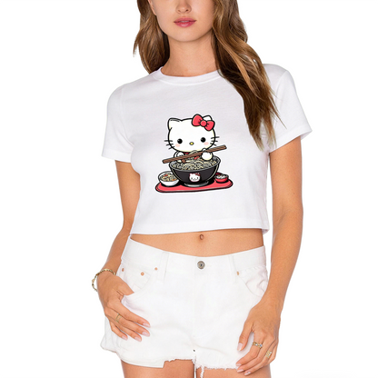Tiny Chest?Print Hello Kitty Minimal White Cropped Top