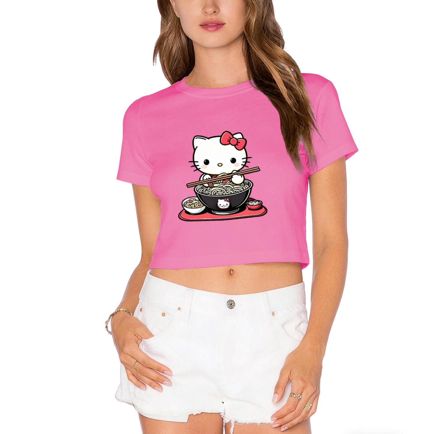 Tiny Chest?Print Hello Kitty Minimal White Cropped Top