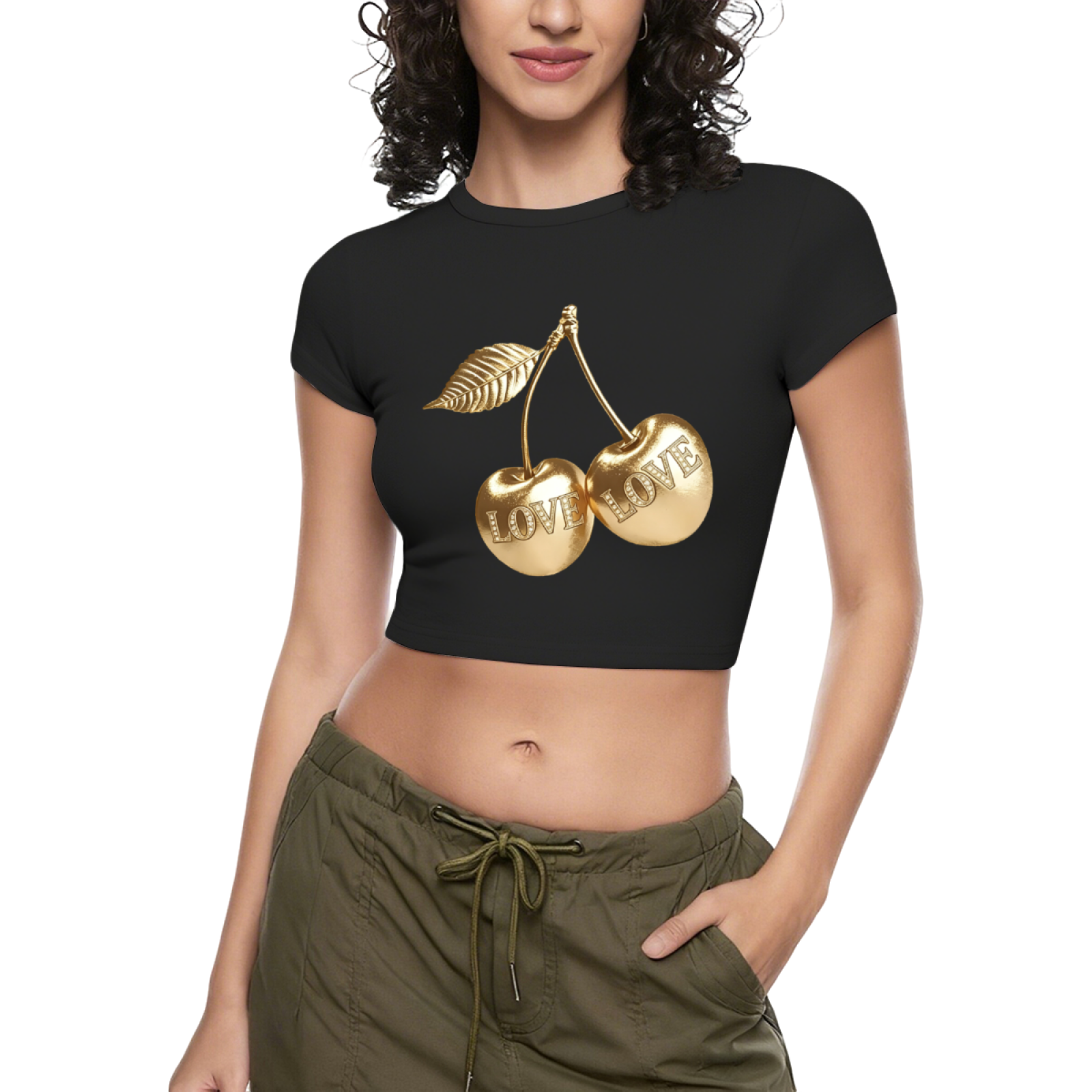 Luxury Golden LOVE Cherry Black Cropped Top
