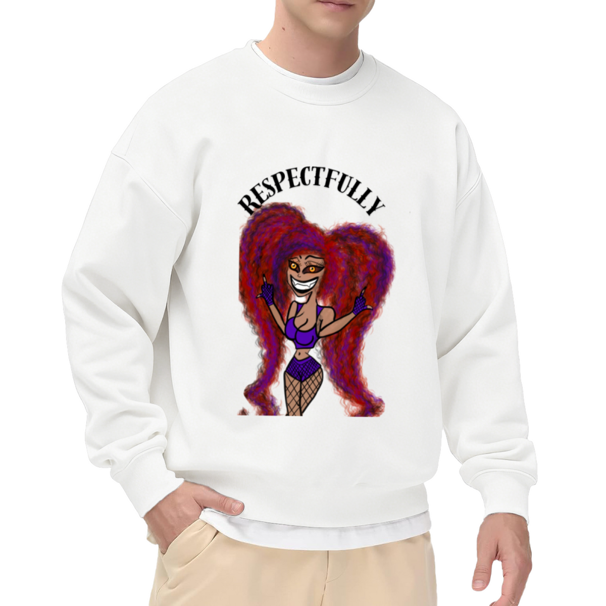 Respectfully Middle Finger Cartoon Crewneck Sweatshirt, Sassy Streetwear Character Pullover, Funny Attitude Gift