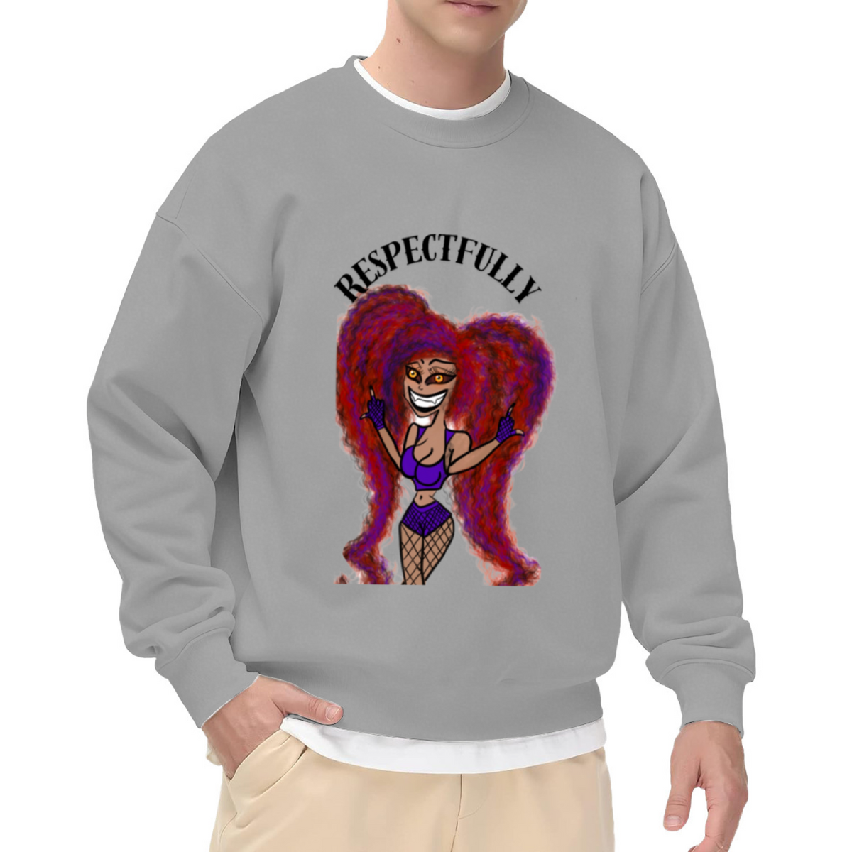 Respectfully Middle Finger Cartoon Crewneck Sweatshirt, Sassy Streetwear Character Pullover, Funny Attitude Gift