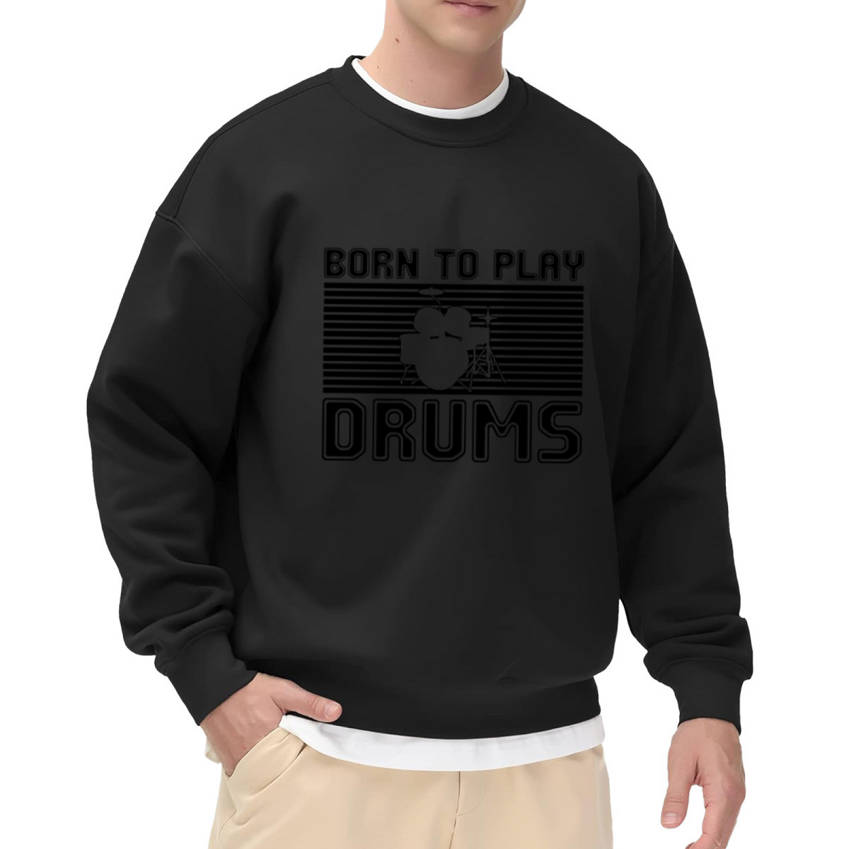 Born To Play Drums Retro Drum Kit Crewneck Sweatshirt | Vintage Drummer Music Graphic Pullover, Musician Gift