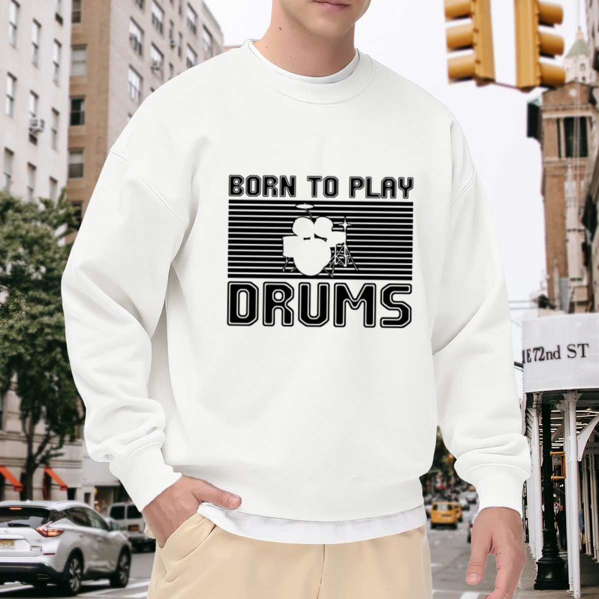 Born To Play Drums Retro Drum Kit Crewneck Sweatshirt | Vintage Drummer Music Graphic Pullover, Musician Gift
