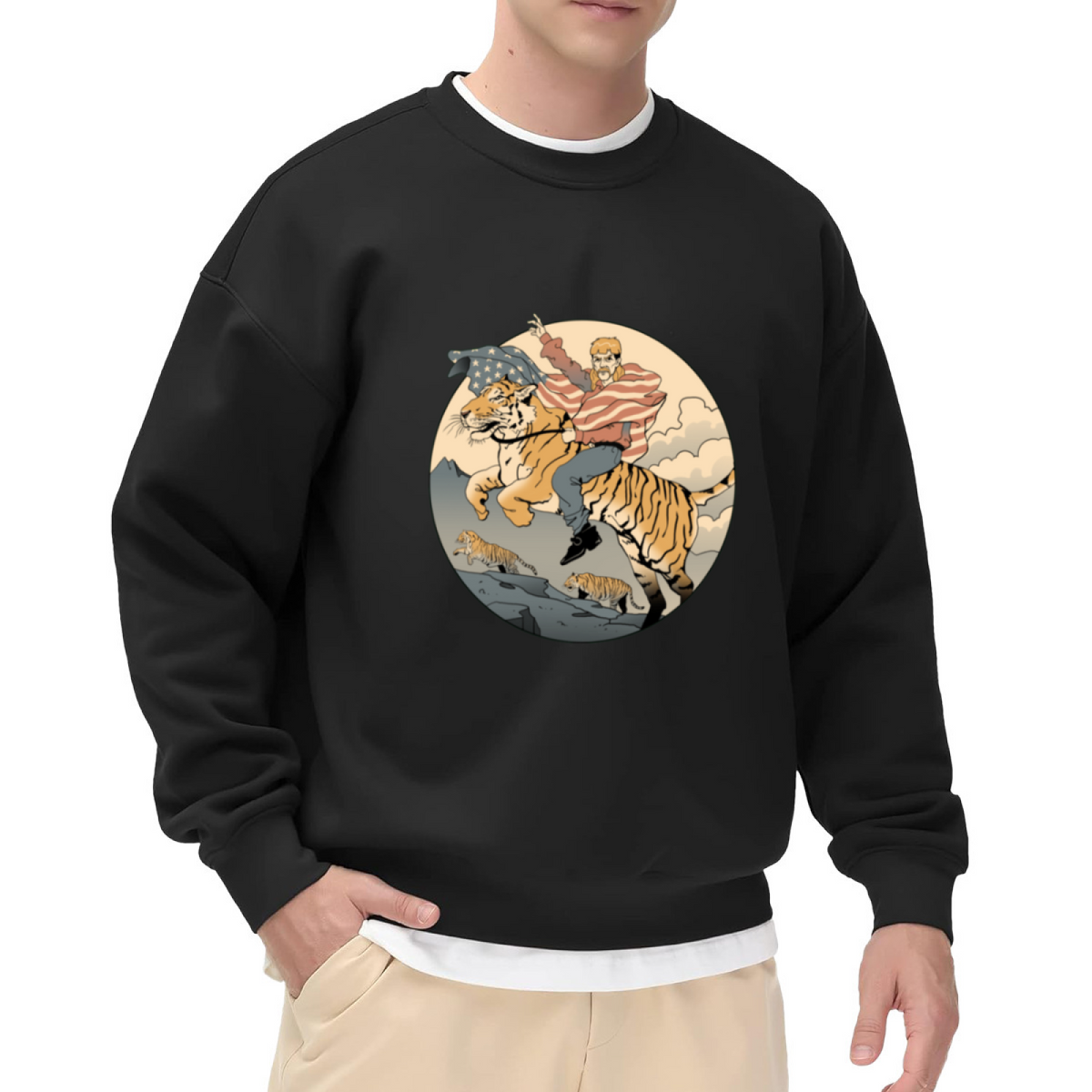 Trump Riding Tiger Sweatshirt | Retro Cartoon Patriotic Graphic Crewneck, American Flag Pullover Top, Political Humor Gift for Men Women